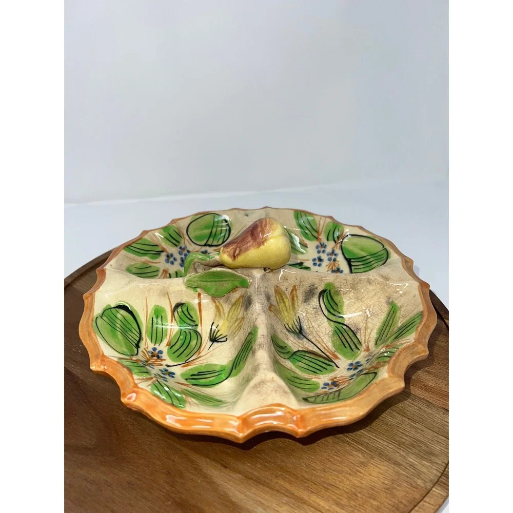Vintage‎ Italian Style Majolica Ceramic Divided Serving Dish Floral Pear Handle